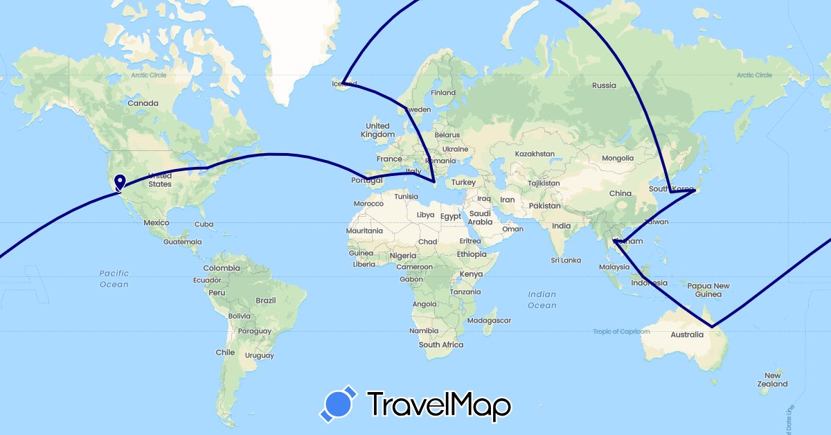 TravelMap itinerary: driving in Austria, Canada, Faroe Islands, Greece, Hungary, Italy, Japan, South Korea, New Zealand, Portugal, Thailand, United States (Asia, Europe, North America, Oceania)